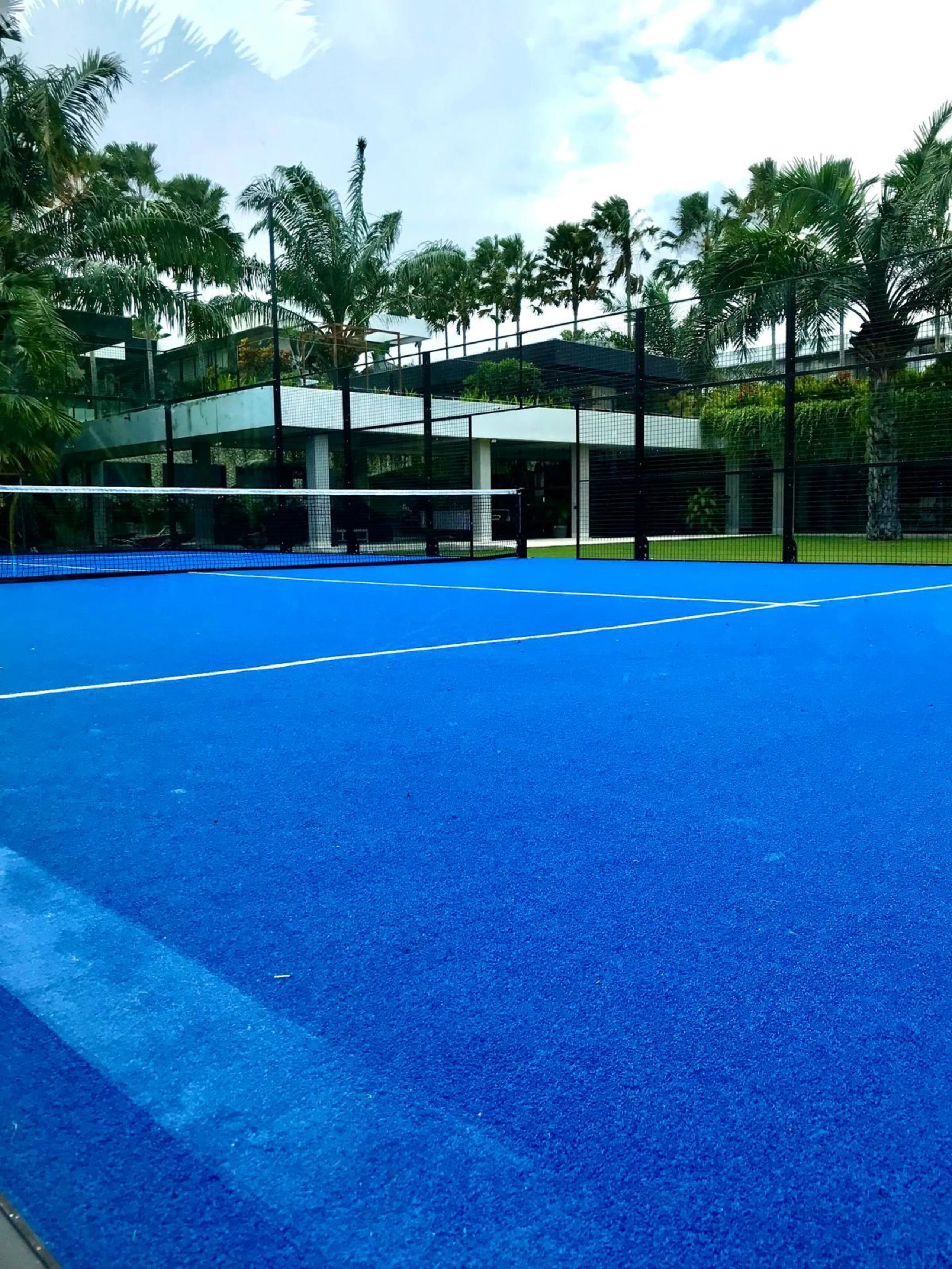 The private blue padel court framed by palms